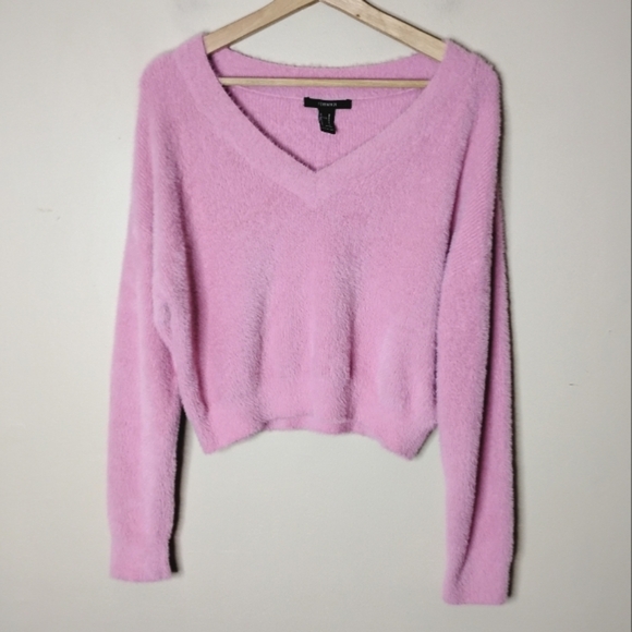 NWT Forever 21 Pink Fuzzy V-Neck Cropped Sweater S Soft Eyelash Knit - Picture 2 of 8
